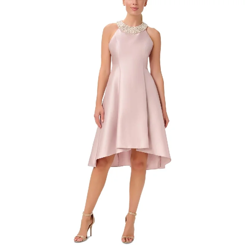 Adrianna Papell Womens Embellished Halter Cocktail and Party Dress Peplum Ruffle Cocktail