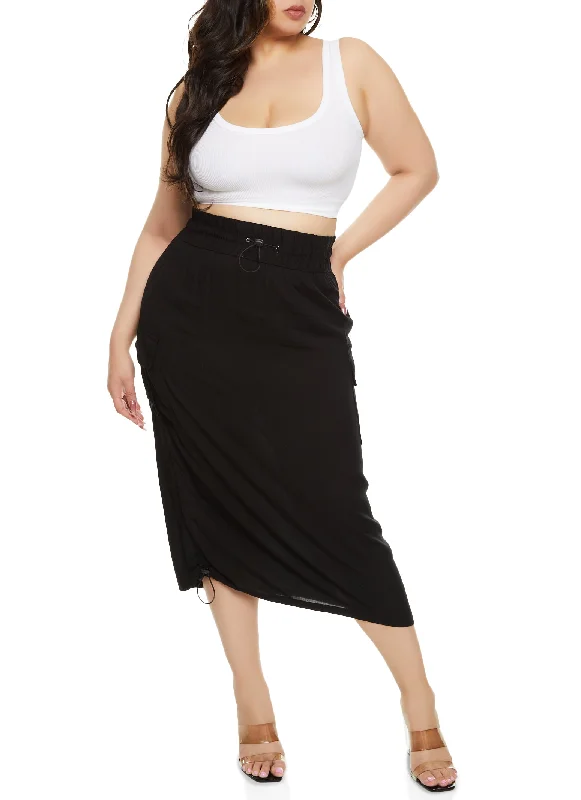 Plus Size Linen Toggle Drawstring Hem Cargo Skirt silk skirt lustrous