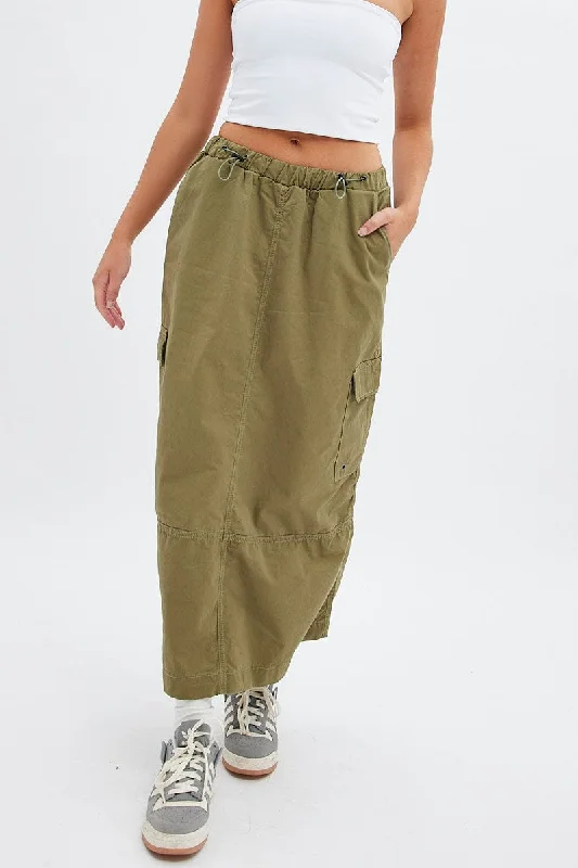 Green Maxi Skirt Low Rise Cargo Parachute silk skirt elegant