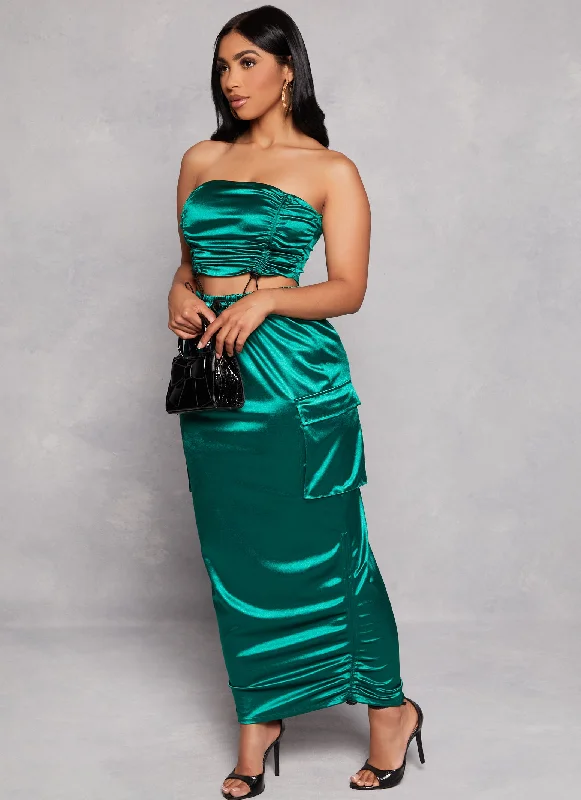 Satin Drawstring Side Cargo Maxi Skirt elastic waist skirt