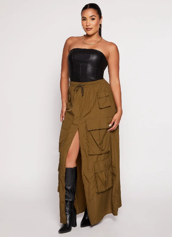 Nylon Drawstring Front Slit Maxi Cargo Skirt lace skirt romantic