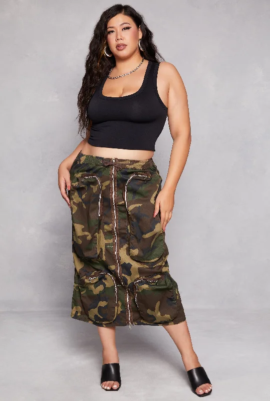 Plus Size Camo Zip Front Cargo Skirt floral skirt print
