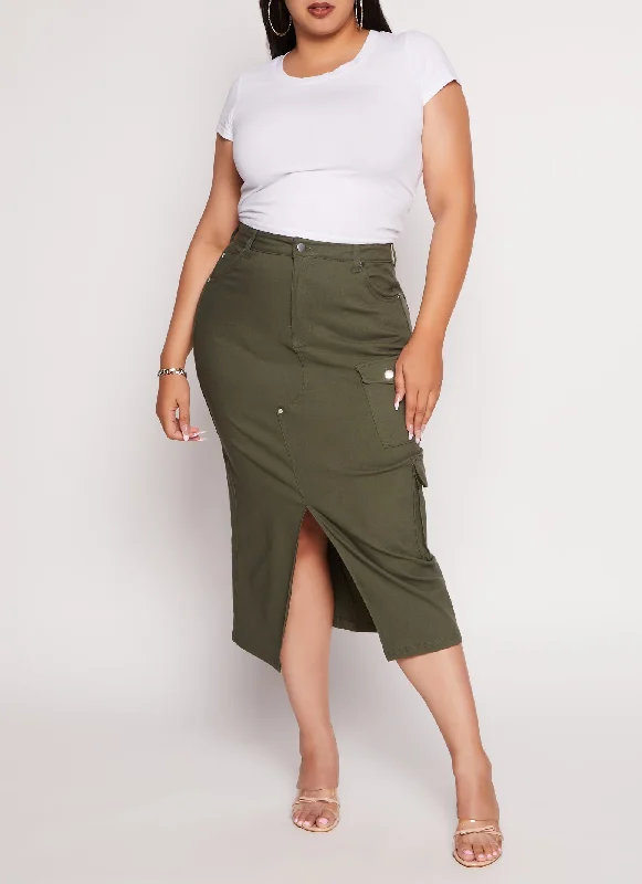 Plus Size Cargo Pocket Pencil Skirt high slit skirt