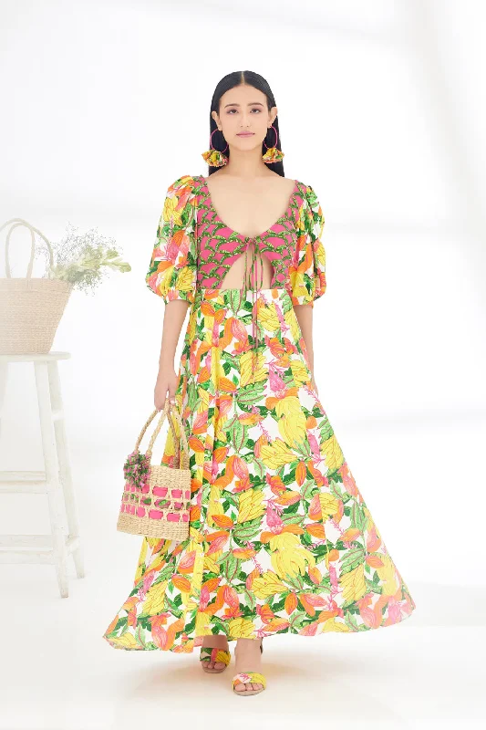 Bespoke Hand Painted Banana Fruit Print Cutout Dress