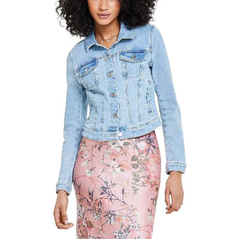 Guess Womens Denim Short Trucker Jacket Zippered Front Buttoned Front Snap Front