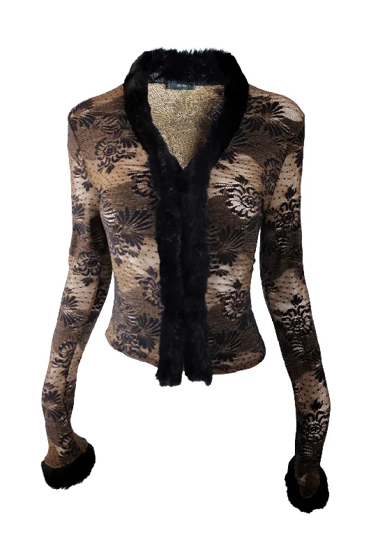Ikito Vintage Brown Lace & Black Faux Fur Jacket, 1990s Print Jacket Jacquard Jacket Embroidered Jacket