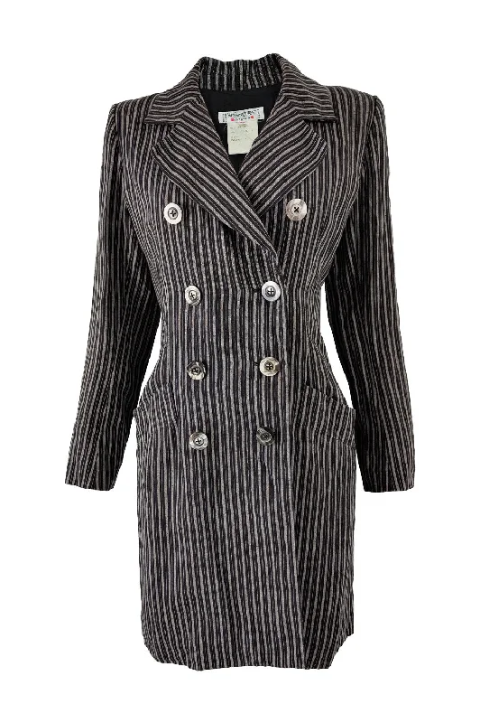 Yves Saint Laurent Vintage Womens Striped Black Linen Jacket, 1980s Boat Neck Shawl Collar Notched Collar