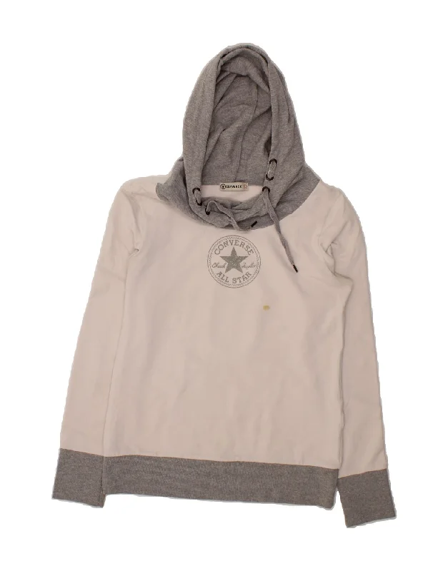 CONVERSE Womens Graphic Hoodie Jumper UK 16 Large White Colourblock Cotton Hoodie with Hem Applique Textured Unique CONVERSE Womens Graphic Hoodie Jumper UK 16 Large White Colourblock Cotton Hoodie with Hem Applique Textured Unique