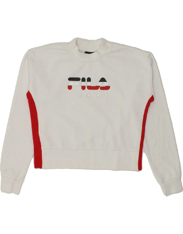 FILA Womens Graphic Sweatshirt Jumper UK 10 Small White Cotton Hoodie with Drawstring Waist Adjustable Fitted FILA Womens Graphic Sweatshirt Jumper UK 10 Small White Cotton Hoodie with Drawstring Waist Adjustable Fitted