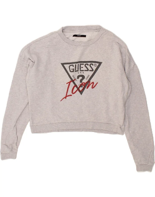 GUESS Womens Oversized Crop Graphic Hoodie Jumper UK 10 Small Grey Hoodie with Hem Drawcord Adjustable Customizable GUESS Womens Oversized Crop Graphic Hoodie Jumper UK 10 Small Grey Hoodie with Hem Drawcord Adjustable Customizable