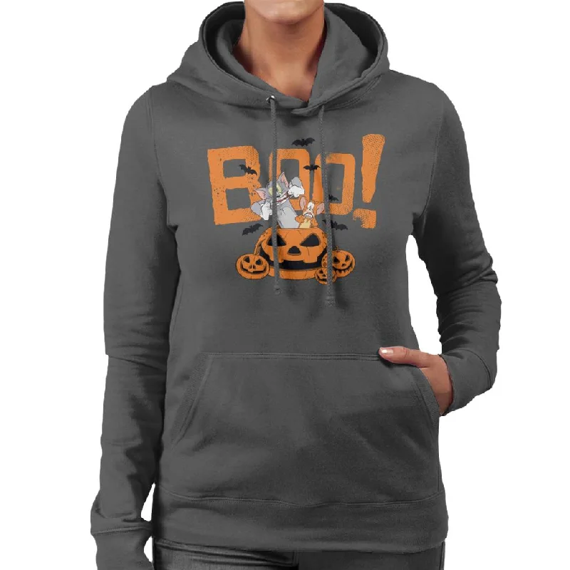 Tom and Jerry Halloween Boo Pumpkin Surprise Women's Hooded Sweatshirt Hoodie with Hem Contrast Bold Stylish Tom and Jerry Halloween Boo Pumpkin Surprise Women's Hooded Sweatshirt Hoodie with Hem Contrast Bold Stylish