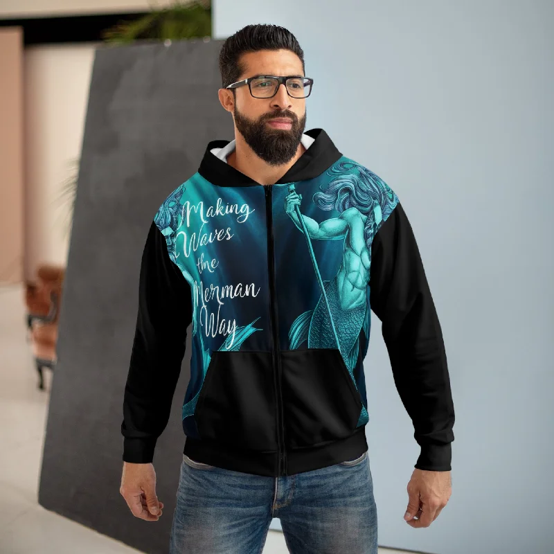 Unisex Zip Hoodie - Merman Waves Hoodie with Crew Neck Simple Timeless