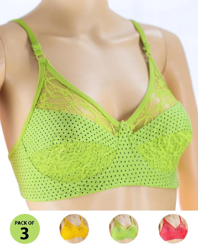 Pack of 3 Madam Bra - N2 - Non Padded Bra - Non Wired Bra Floral Lace Bra