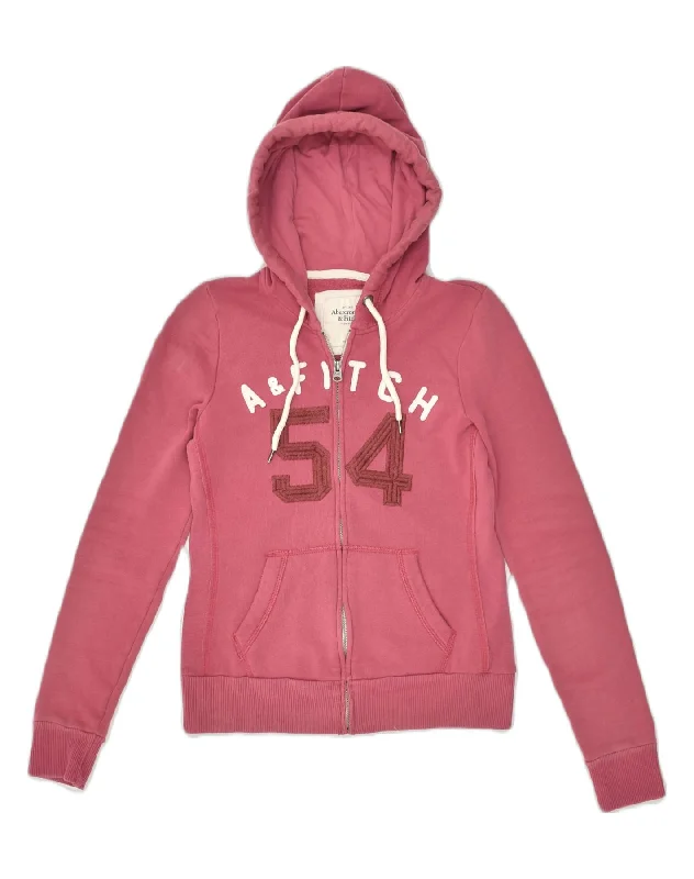 ABERCROMBIE & FITCH Womens Graphic Zip Hoodie Sweater UK 14 Medium Pink Spandex Blend Rayon Blend Denim Blend