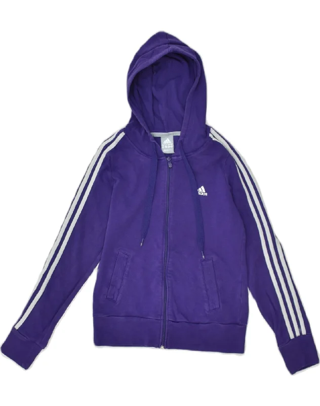 ADIDAS Womens Zip Hoodie Sweater UK 10 Small Blue Cotton Toggled Drawstring Belted
