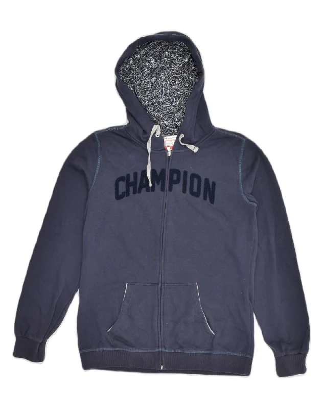 CHAMPION Womens Heritage Fit Graphic Zip Hoodie Sweater UK 14 Large Blue Real Fur Shearling Chenille