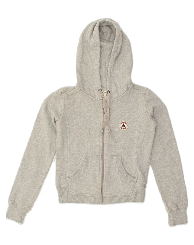 CONVERSE Womens Zip Hoodie Sweater UK 6 XS Grey Cotton Hooded Caped Shawl Collar