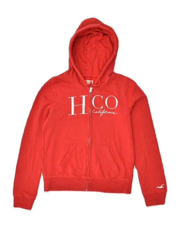 HOLLISTER Womens Graphic Zip Hoodie Sweater UK 10 Small Red Cotton Plaid Sweater Polka Dot Checkered