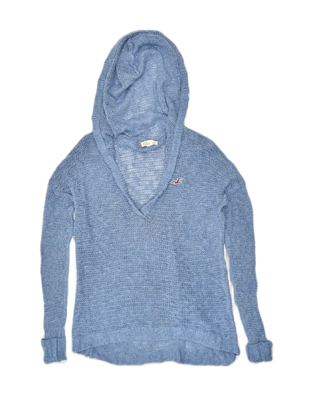 HOLLISTER Womens Hooded V-Neck Jumper Sweater UK 14 Large Blue Boat Neck Shawl Collar Notched Collar