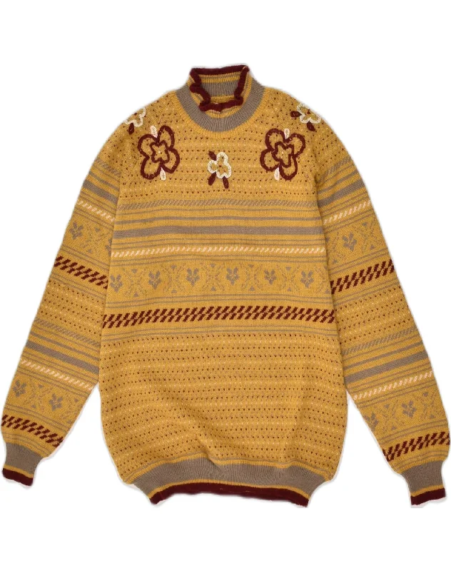 VINTAGE Womens Turtle Neck Jumper Sweater IT 44 Medium Yellow Fair Isle Glossy Satin Silk