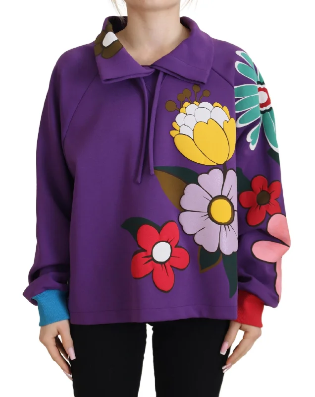Elegant Purple Floral Pullover Sweater Thick Cable Knit