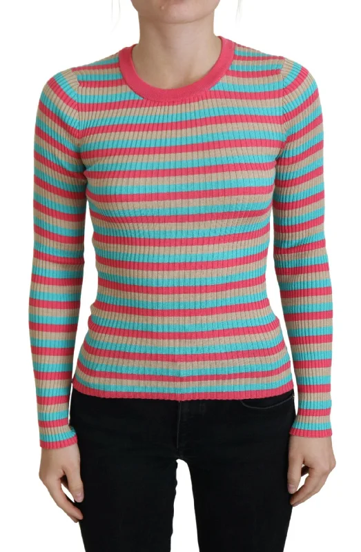 Elegant Striped Silk Crewneck Pullover Ruffled Neck Pullover