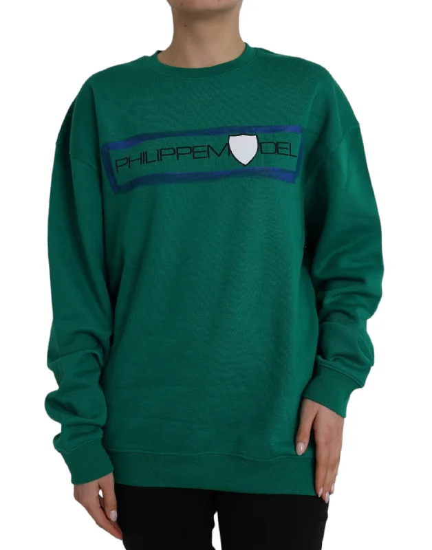 Green Cotton Logo Print Long Sleeves Pullover Sweater One Shoulder Top